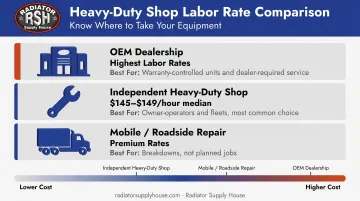 Three semi truck repair shop types compared by labor rate and best use case