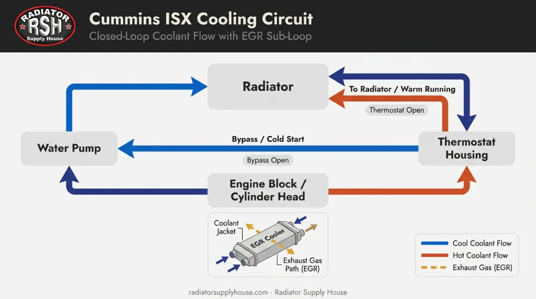 Cummins ISX coolant system circuit flow diagram with EGR cooler integration