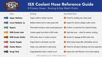 Cummins ISX primary coolant hose identification chart with routing and inspection points