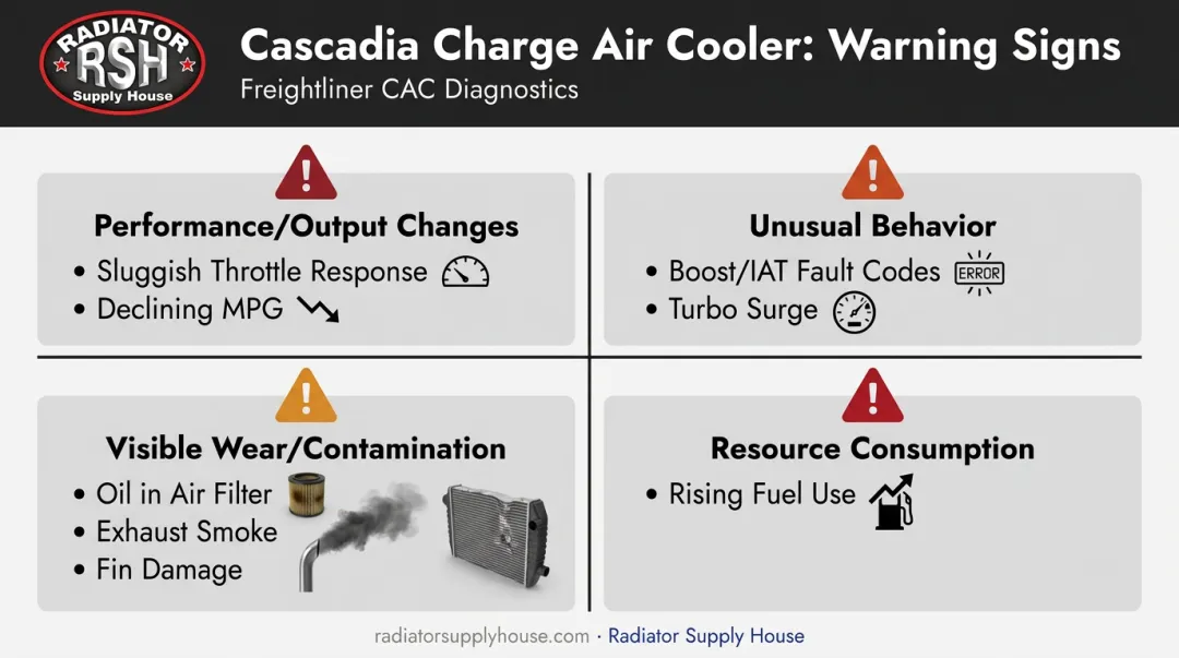 Four categories of failing charge air cooler warning signs infographic