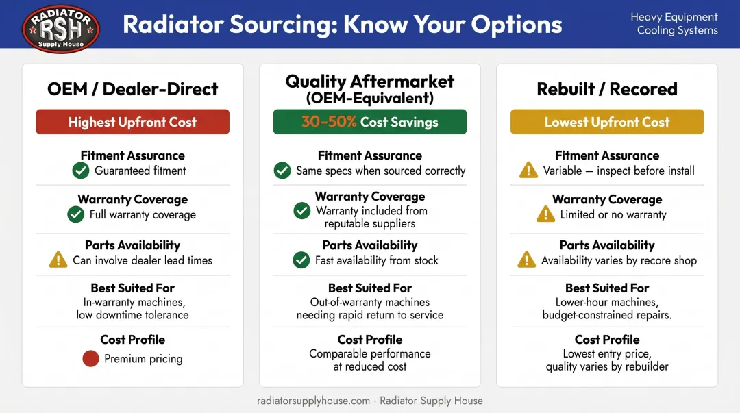 OEM versus aftermarket versus rebuilt radiator cost and risk profile comparison chart