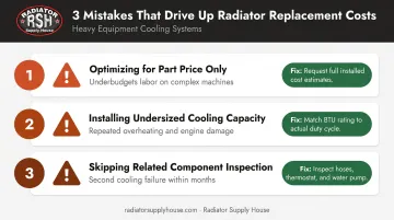 Three common heavy equipment radiator replacement mistakes to avoid checklist infographic