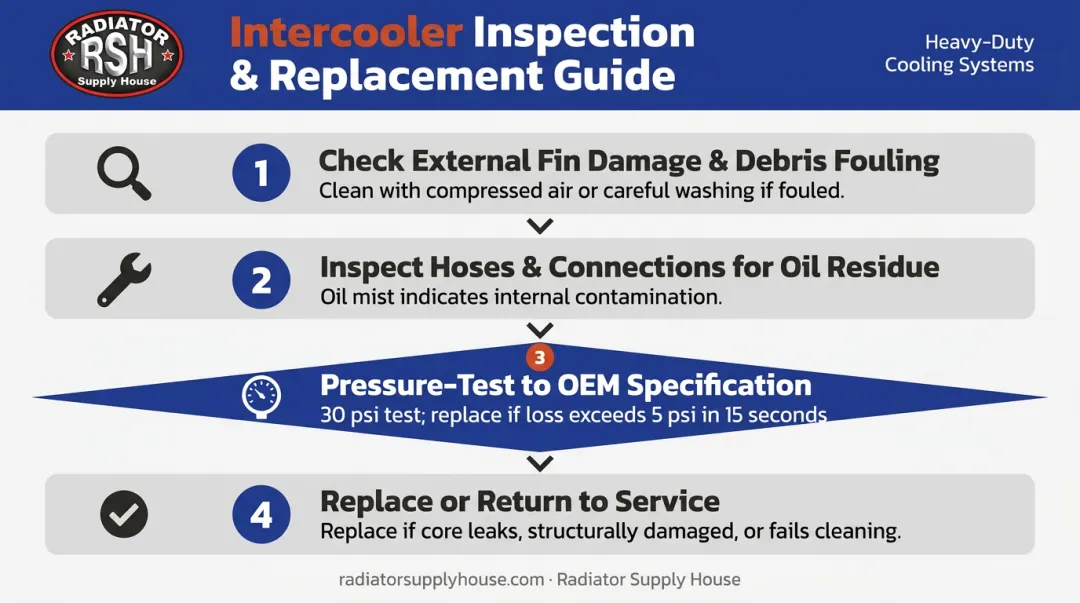 Four-step diesel intercooler inspection and replacement decision process flow diagram