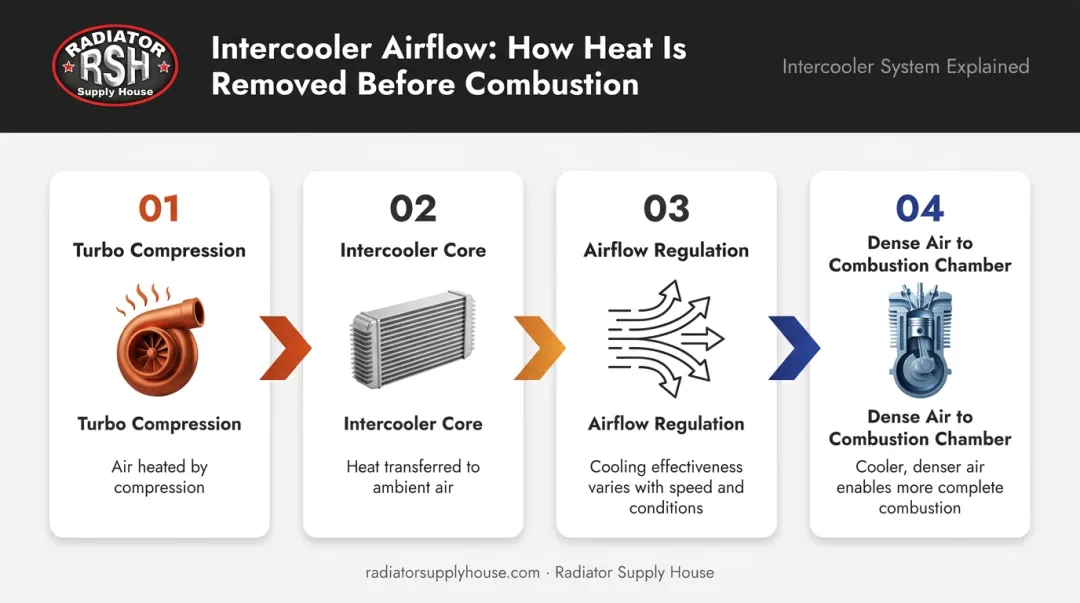 Diesel intercooler airflow process four-step sequence from turbo compression to combustion