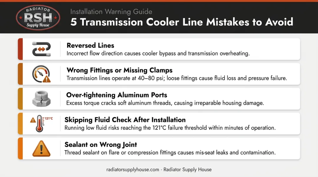 5 common transmission cooler line connection mistakes and consequences infographic