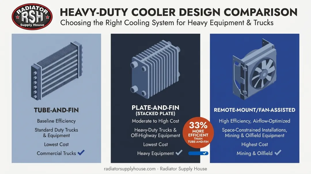 Tube-and-fin plate-and-fin and remote-mount transmission cooler comparison chart