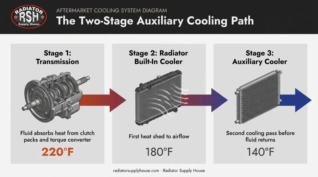 Two-stage auxiliary transmission cooler fluid flow diagram