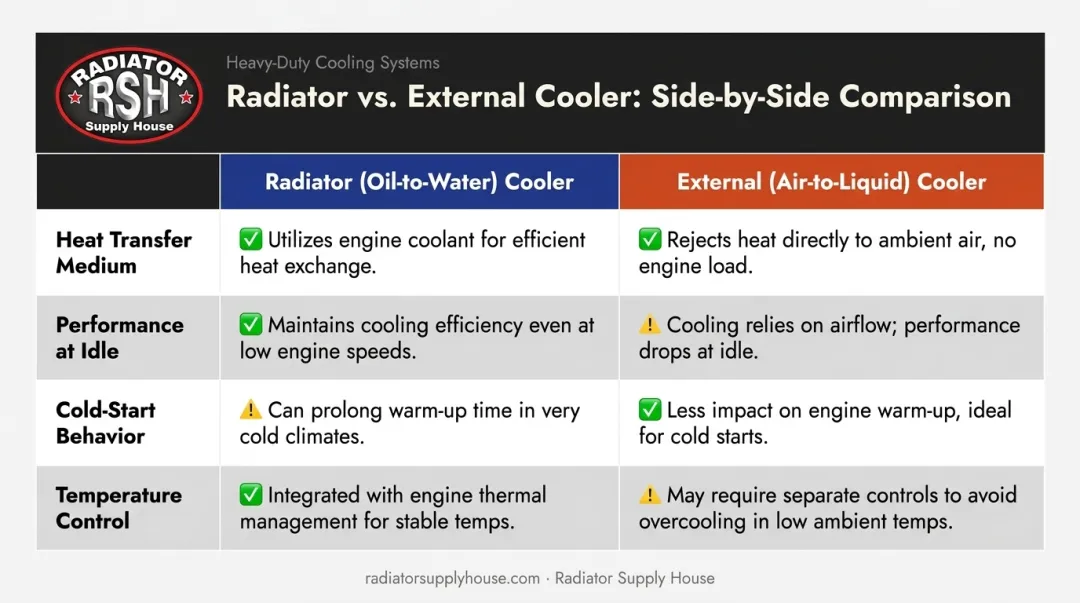 Radiator oil-to-water cooler versus external air-to-liquid cooler four-factor comparison chart