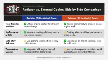Radiator oil-to-water cooler versus external air-to-liquid cooler four-factor comparison chart