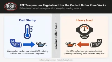 Radiator transmission cooler bidirectional temperature control cold startup versus heavy load
