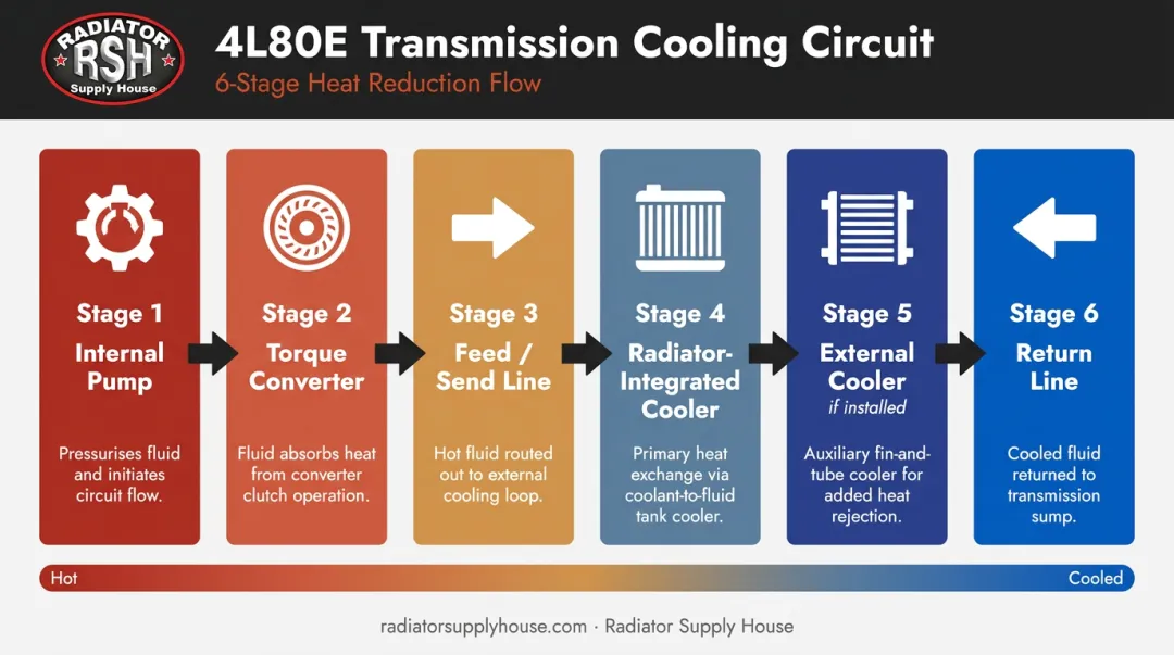 6-step 4L80E ATF cooling circuit flow sequence from pump to return