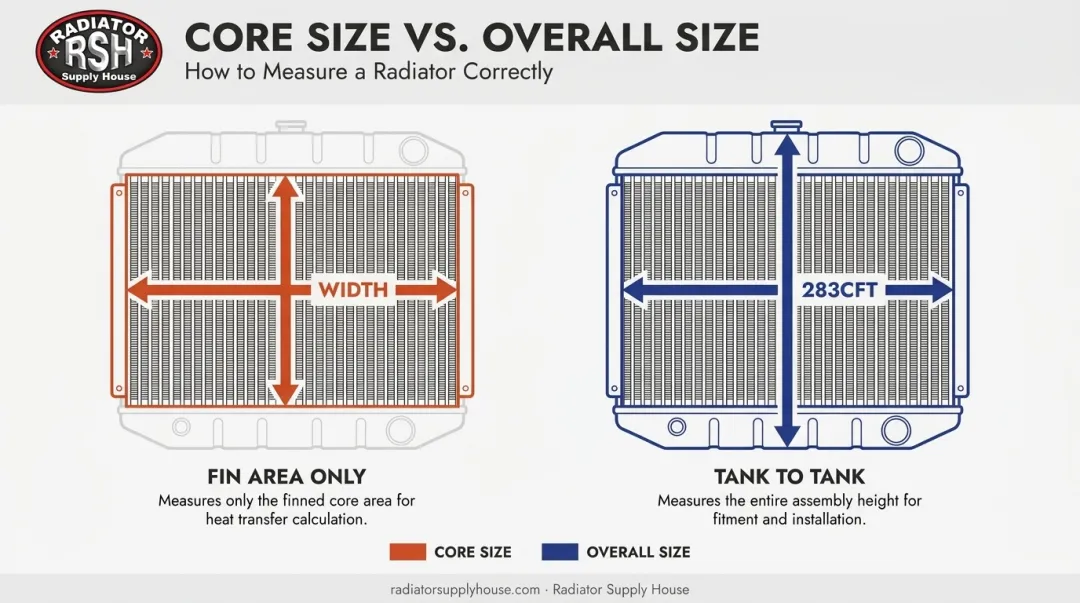 Core size versus overall radiator size measurement comparison diagram