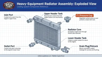 Exploded diagram of radiator assembly showing core tanks ports cap and drain plug