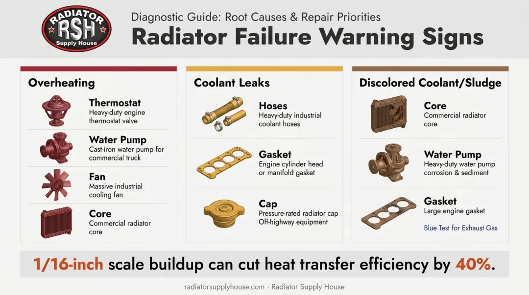 Cooling system warning signs mapped to likely component causes diagnostic chart