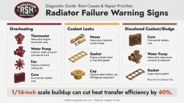 Cooling system warning signs mapped to likely component causes diagnostic chart
