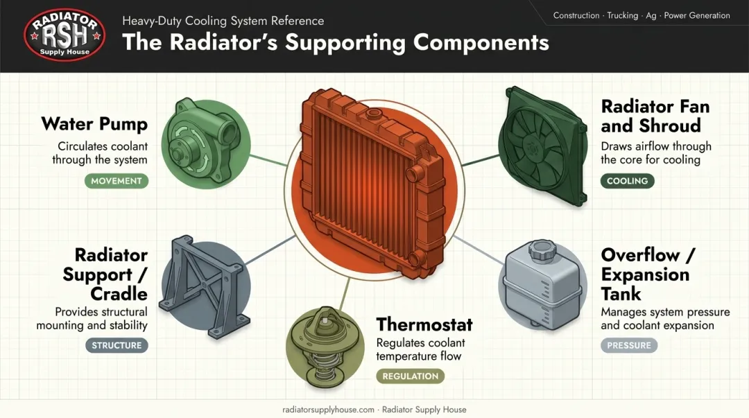Supporting cooling system components diagram showing water pump fan thermostat and expansion tank