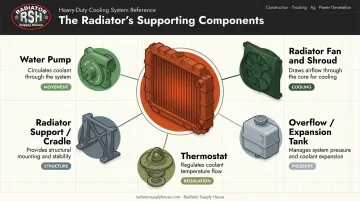 Supporting cooling system components diagram showing water pump fan thermostat and expansion tank