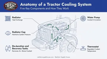 Five key John Deere cooling system components labeled diagram