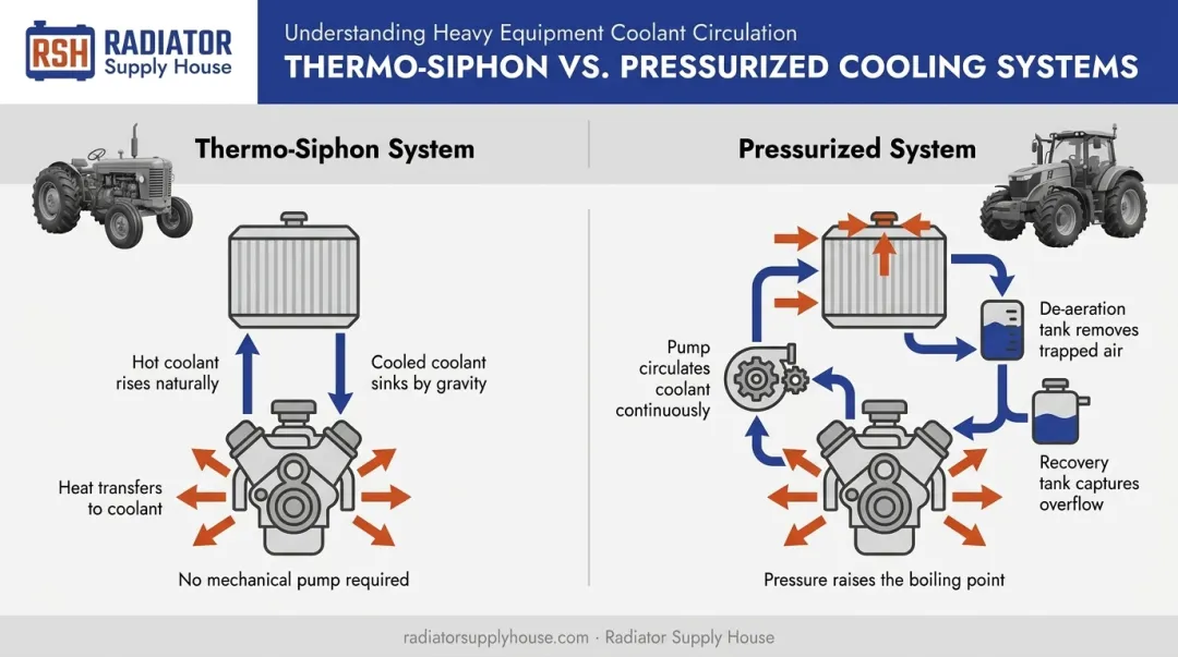 Thermo-siphon versus pressurized John Deere cooling system comparison diagram