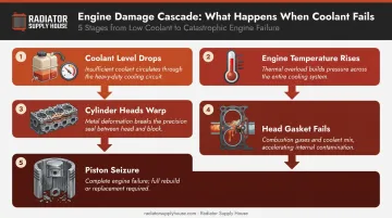 5-stage engine damage cascade from coolant loss to piston seizure infographic