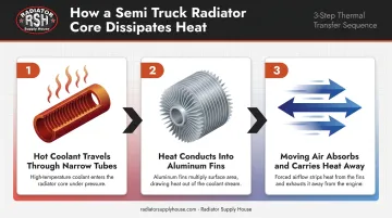 Three-step diesel radiator heat transfer process flow from coolant to air