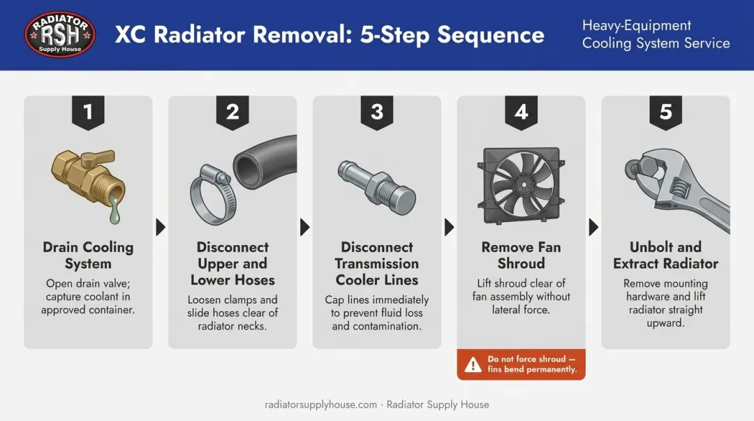 5-step Freightliner XC radiator removal process flow diagram for diesel mechanics