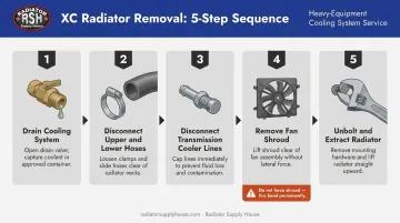 5-step Freightliner XC radiator removal process flow diagram for diesel mechanics