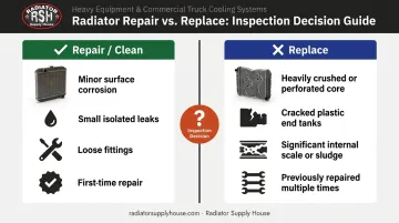 Freightliner XC radiator repair versus replace decision criteria comparison infographic