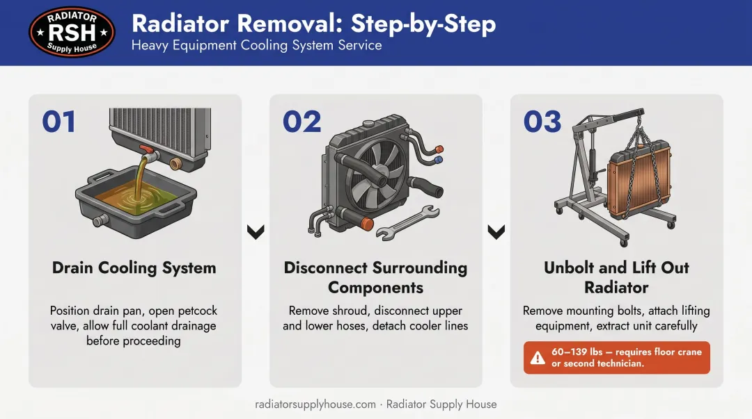 Three-step heavy-duty truck radiator removal process flow diagram