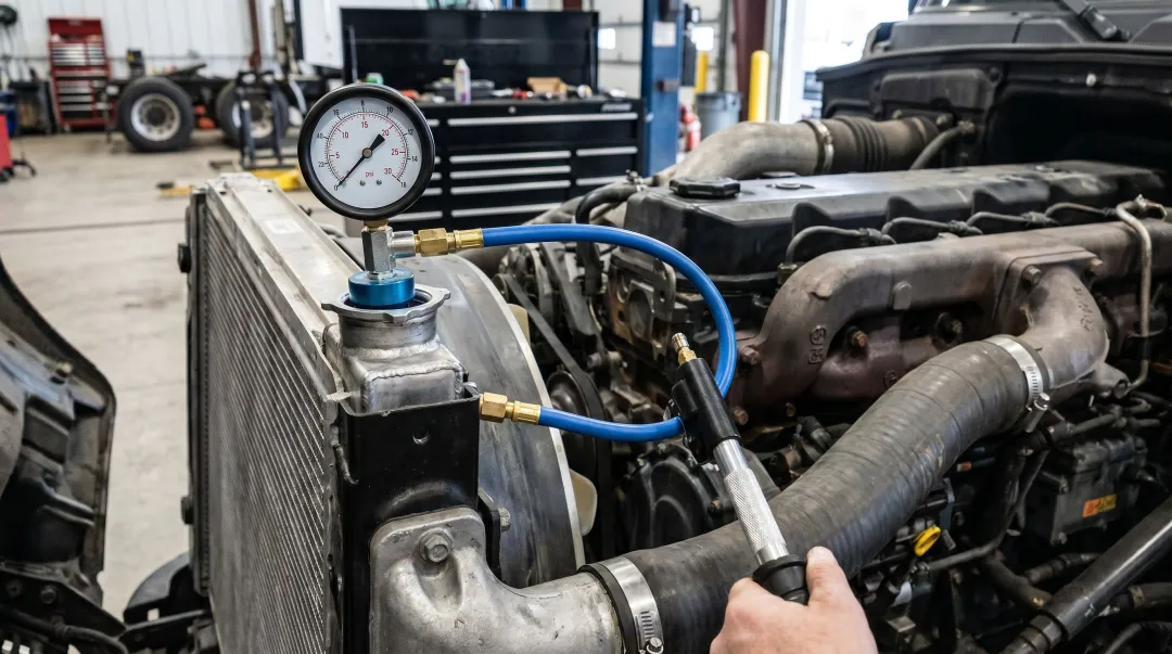 Cooling system pressure tester connected to heavy-duty truck radiator fill neck