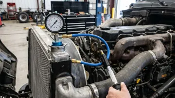 Cooling system pressure tester connected to heavy-duty truck radiator fill neck