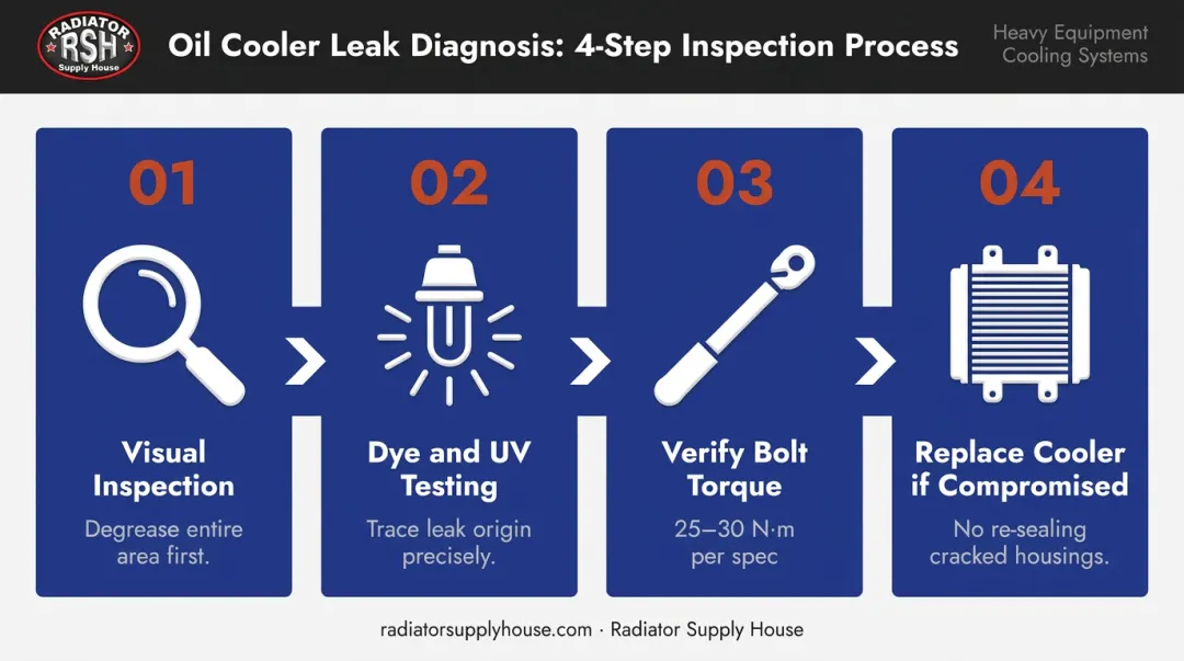 Four-step oil cooler leak diagnostic process from inspection to torque verification