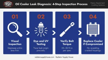 Four-step oil cooler leak diagnostic process from inspection to torque verification