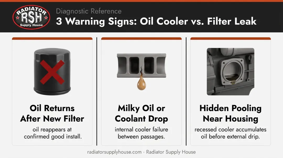 Three warning signs of misdiagnosed oil cooler leak versus oil filter leak