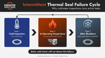 Three-stage thermal cycling oil cooler leak intermittent failure pattern infographic
