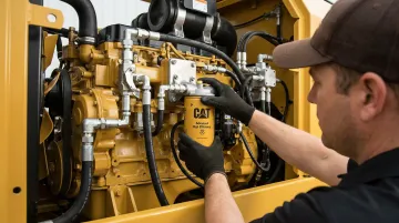 Heavy equipment engine compartment showing oil cooler and filter assembly during maintenance inspection