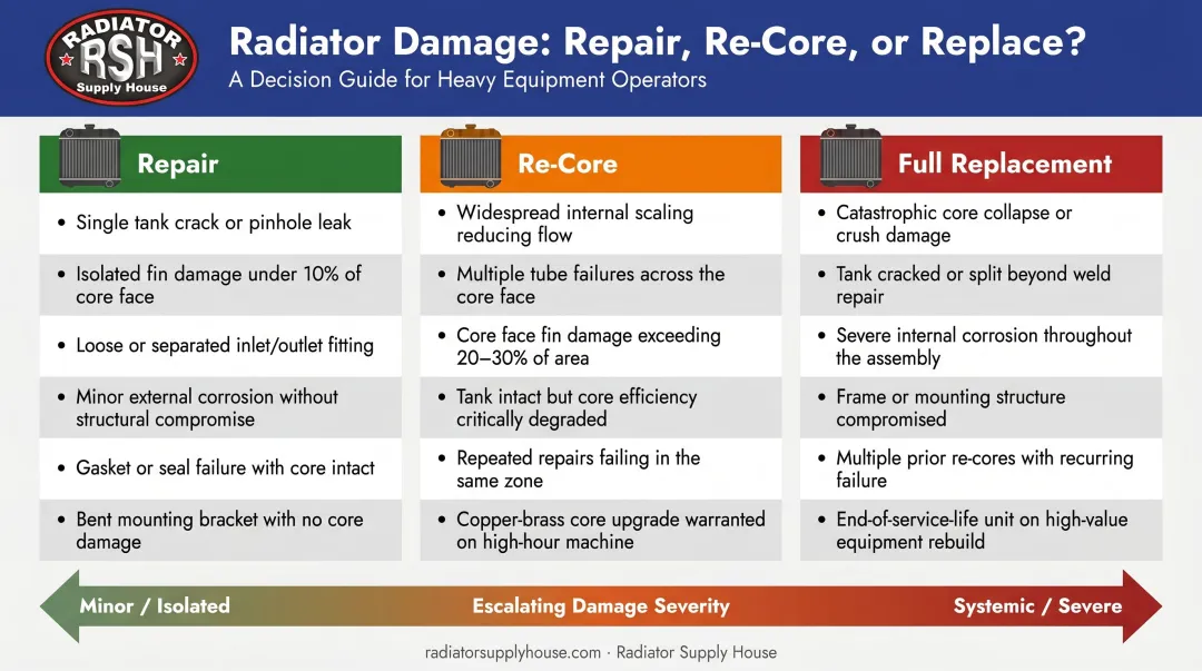 Repair versus re-core versus full replacement decision matrix for aluminum radiator cores