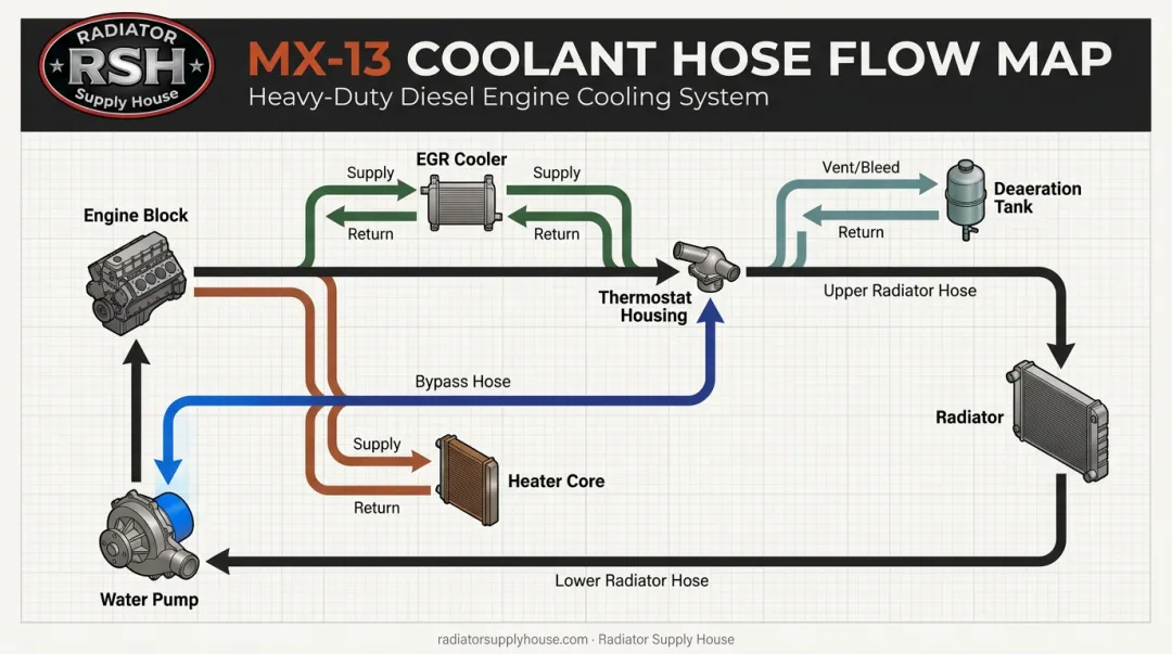 PACCAR MX-13 coolant hose routing path from pump to radiator and tank
