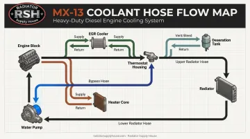 PACCAR MX-13 coolant hose routing path from pump to radiator and tank