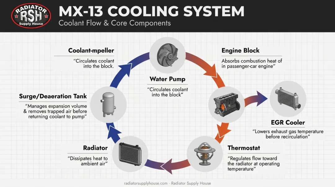 PACCAR MX-13 cooling system components and coolant flow overview