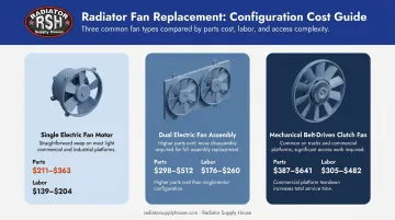 Three radiator fan configuration types with cost ranges comparison infographic