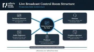 Live broadcast production crew roles and signal flow workflow diagram