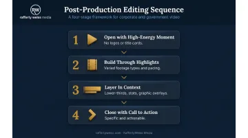 4-step conference highlight video post-production editing sequence infographic