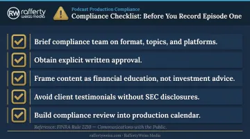Five-step compliance pre-approval checklist for financial advisor podcast before recording