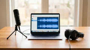 USB condenser microphone and closed-back headphones podcast recording starter setup