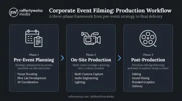 Three-phase corporate event filming process from pre-production to delivery