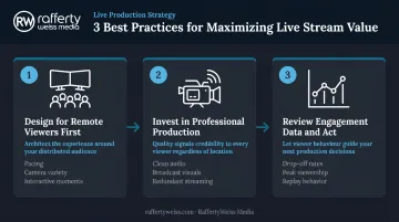 Three best practices for high-performing corporate event live streams process infographic