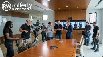 RaffertyWeiss Media production team reviewing corporate video project on set