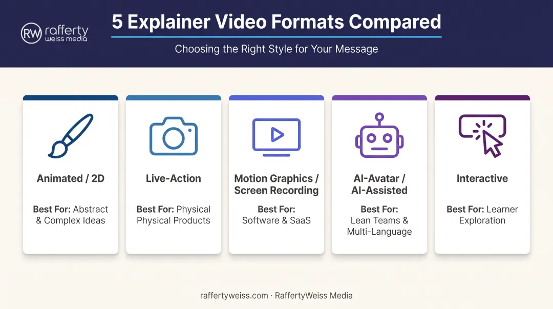 Five explainer video format types matched to product and budget
