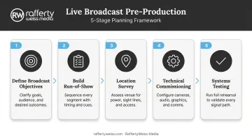 5-step live TV pre-production planning process flow infographic